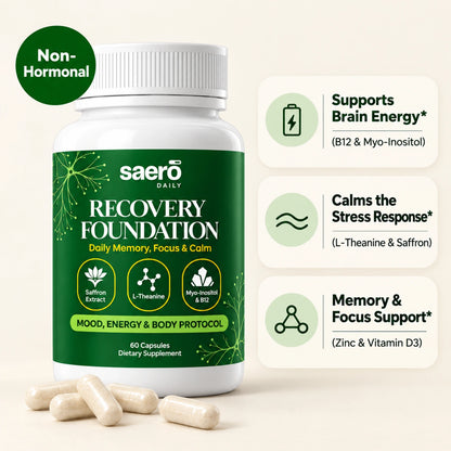 Saero Daily bottle with benefits: brain energy, calms the stress response, memory and focus support. Non-hormonal.