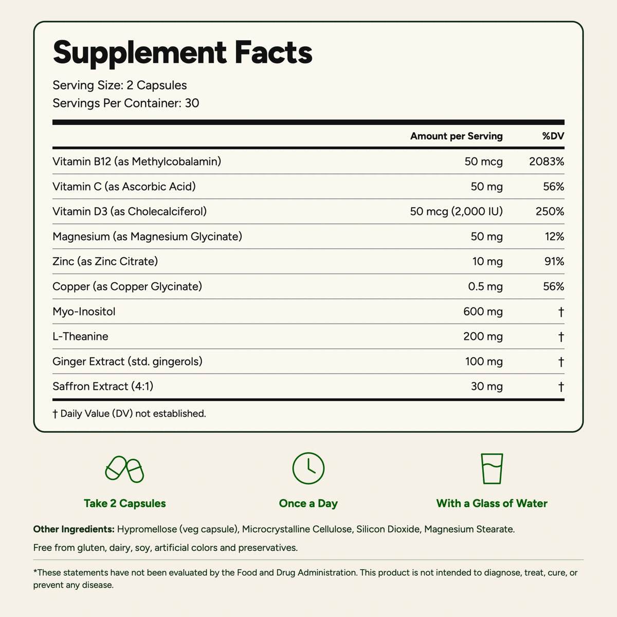 Saero Daily Supplement Facts.